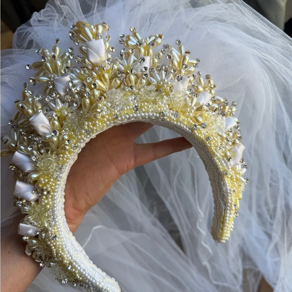 Vintage White and Gold Beaded Bridal Headband